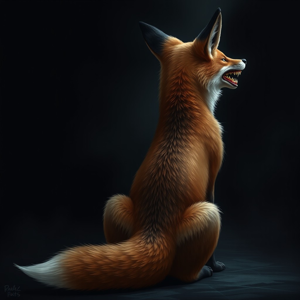 A fox sitting back-facing with its body turned to the right, featuring a twisted neck and head tilted horizontally to the left, gazing back with an open mouth forming a wide, unsettling grin filled with large, sharp teeth