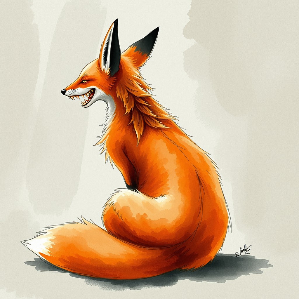 A fox sitting back-facing with its body turned to the right, featuring a twisted neck and head tilted horizontally to the left, glancing backward with an open mouth forming a wide, eerie grin revealing large, sharp teeth