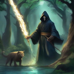 A mysterious figure, face obscured by a black mask, dons a robe adorned with a lion's hood, wields a trident crackling with lightning, locked in combat against a water dragon amidst the verdant splendor of a sacred forest valley.