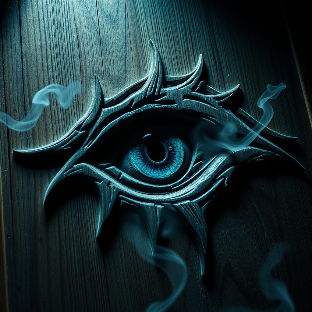 A close-up view of a wooden desk panel featuring a hauntingly carved eye design that evokes a sense of fear and intrigue