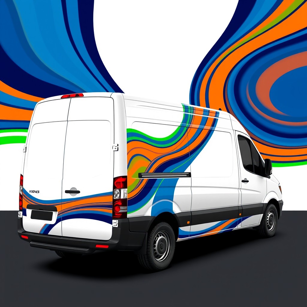 Design vibrant stripes that extend from the top rear to the bottom front of a white King Long van, using contrasting colors to stand out against the white sides