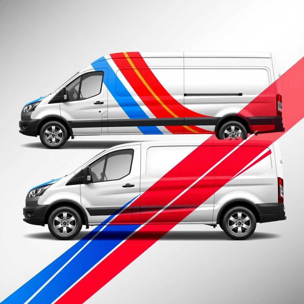 Design vibrant stripes that start from the top of the rear side and cross diagonally to the bottom of the front side of a van