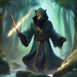 A mysterious figure, face obscured by a black mask, dons a robe adorned with a lion's hood, wields a trident crackling with lightning, locked in combat against a water dragon amidst the verdant splendor of a sacred forest valley.