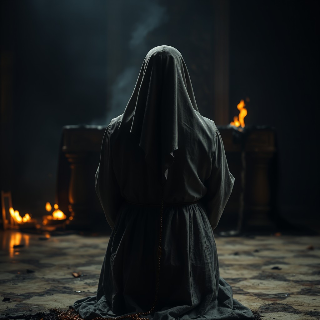 A long shot of a nun on her knees at the altar, her back facing the viewer