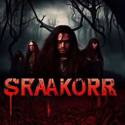 Four long-haired men standing sternly with imposing faces, set against a haunted forest in a fantasy world, featuring the word 'SAKOR' in blood-themed letters with the face of a predator.