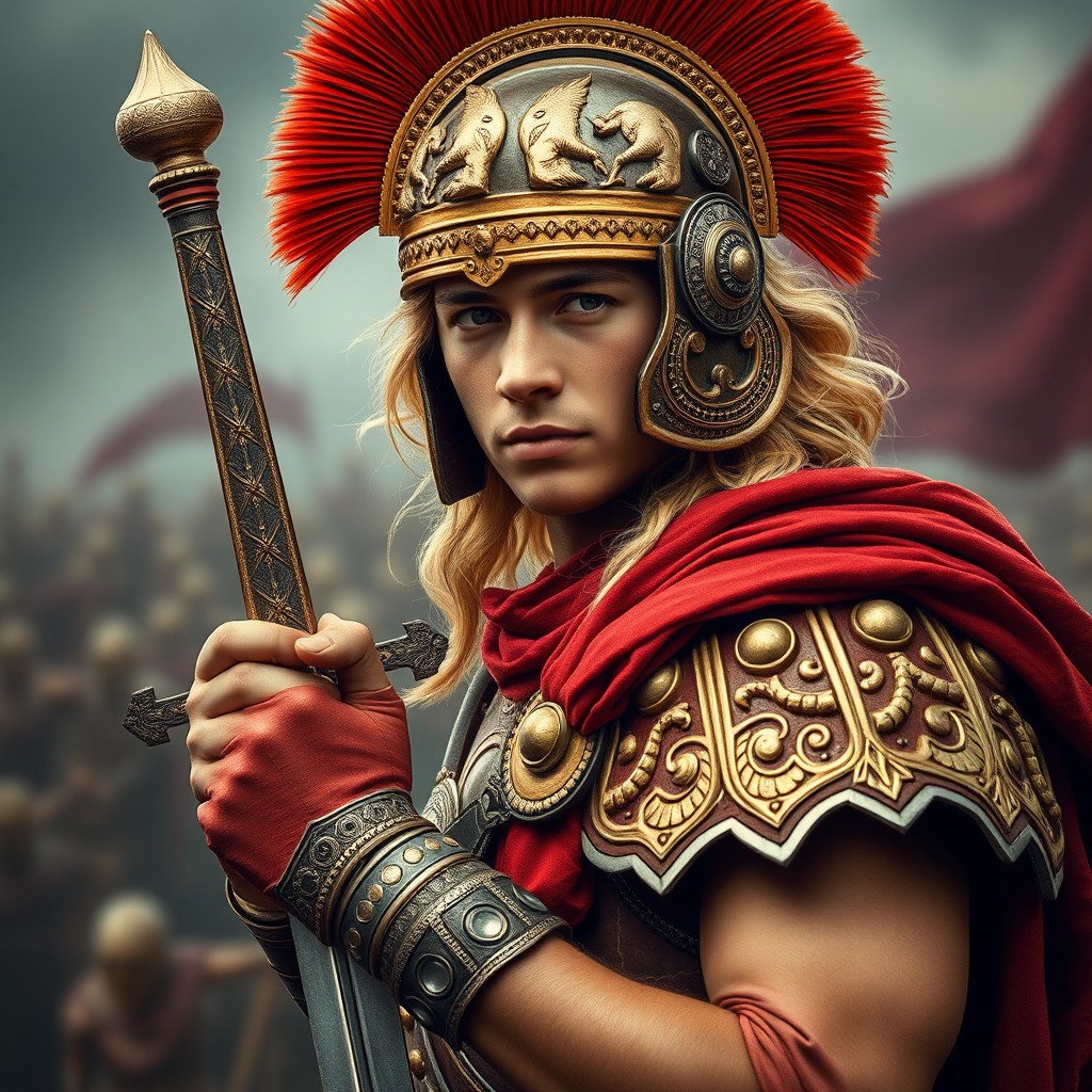 A handsome young man with golden hair, depicted as a warrior king, wears a royal Trojan helmet embellished with intricate red and gold details