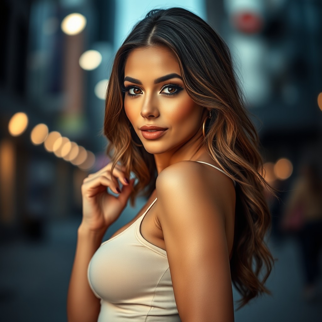A stunning portrait of a beautiful woman, radiating confidence and allure, wearing a stylish, form-fitting outfit that highlights her curves, with a sultry expression and alluring makeup