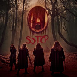 Four long-haired men standing sternly with imposing faces, set against a haunted forest in a fantasy world, featuring the word 'SAKOR' in blood-themed letters with the face of a predator.