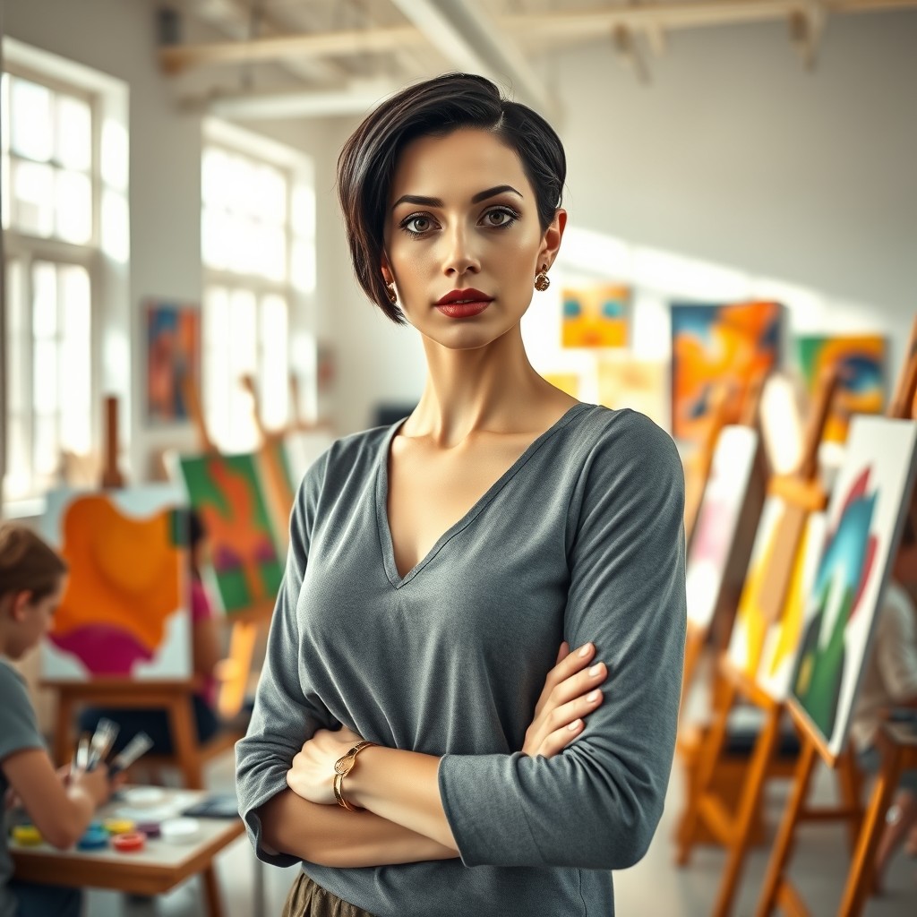 A realistic scene featuring a stunning fair-skinned woman with short black hair and wide-set light-colored eyes, who is an art professor