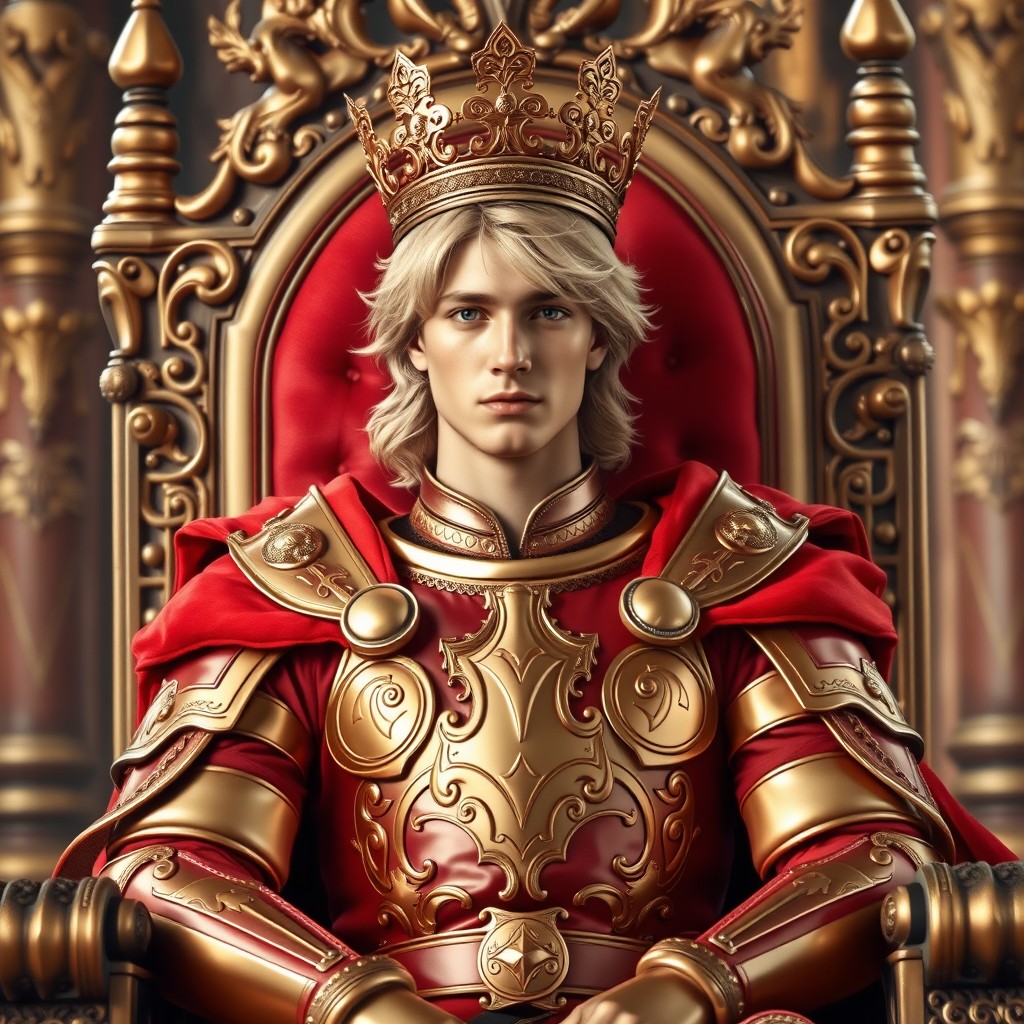 A handsome young man with golden hair, exuding regal charm, is seated on an ornate throne