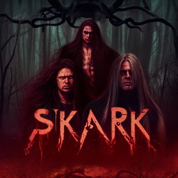 Four long-haired men standing sternly with imposing faces, set against a haunted forest in a fantasy world, featuring the word 'SAKOR' in blood-themed letters with the face of a predator.