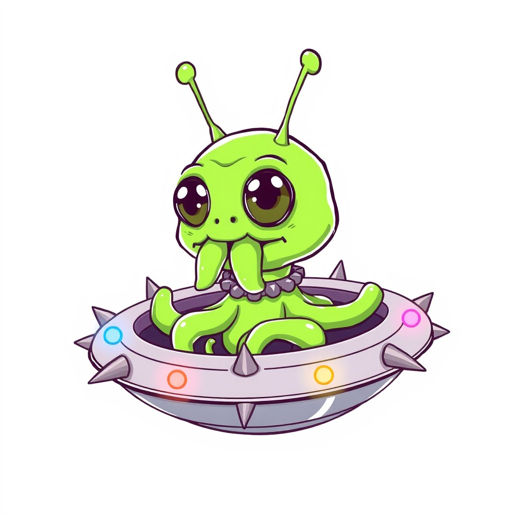 A cartoon style line art illustration featuring a gelatinous green alien with five tentacles and large expressive eyes