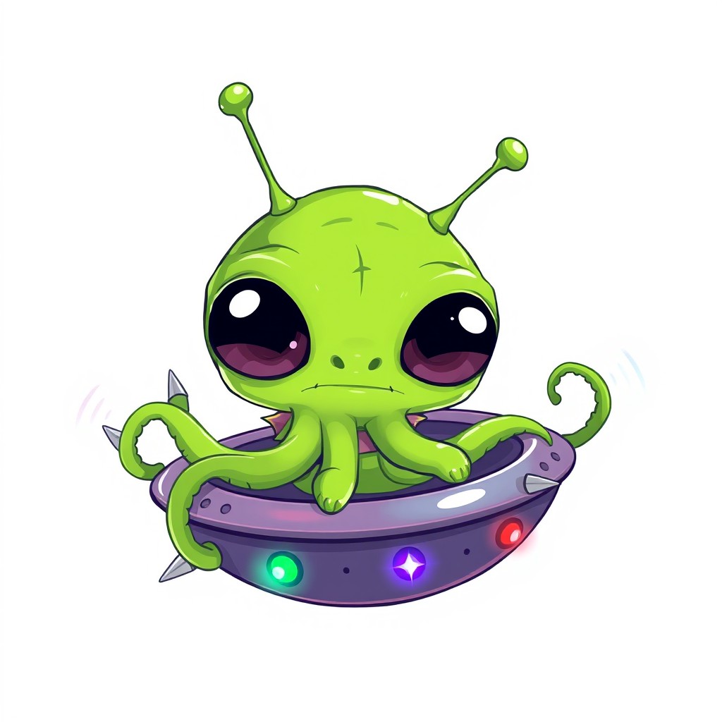 A cartoon illustration of a green alien character, gelatinous in texture, featuring five distinct tentacles and enormous expressive eyes