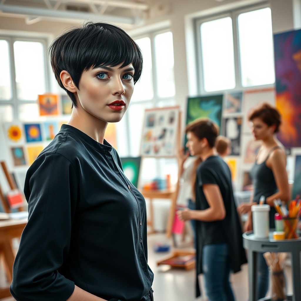 A realistic scene featuring a stunning pale white-skinned woman with short black hair and wide-set ice blue eyes, who is an art professor