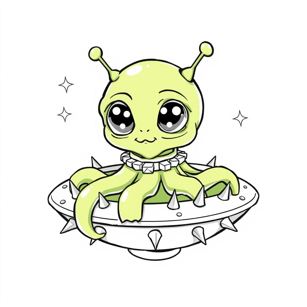 A whimsical line art illustration of a cartoon green alien that is gelatinous in texture
