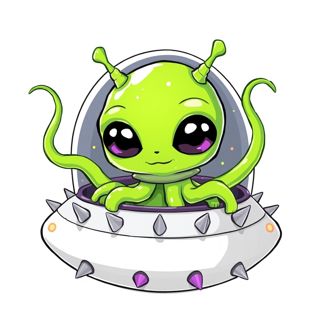 A cartoon illustration of a green alien character, depicted in a gelatinous form with five flowing tentacles and oversized cute eyes