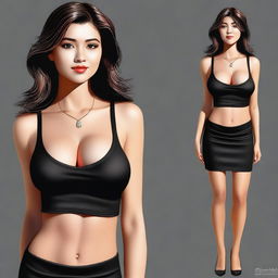 A high-quality digital art piece showcasing an attractive woman in a tight black skirt and shirt, without a bra