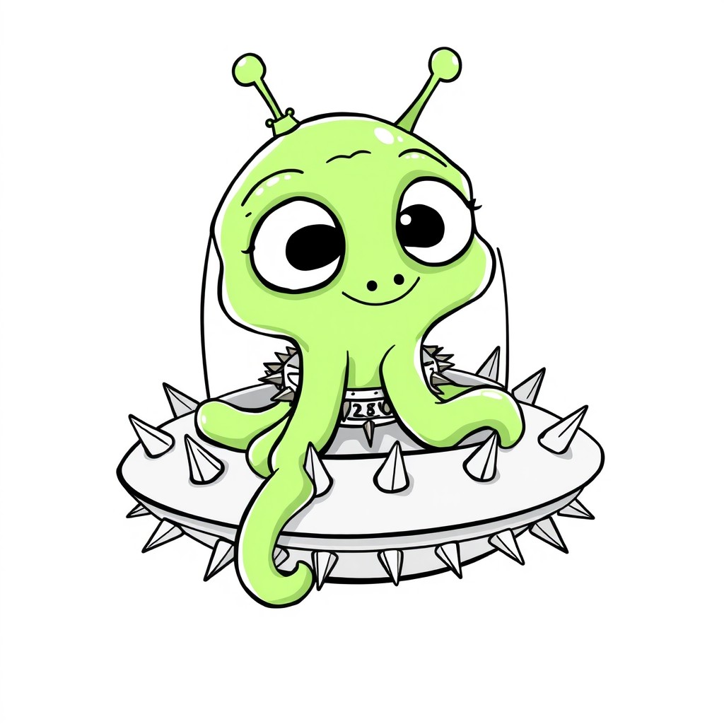 A fun line art illustration featuring a cartoon green alien that is gelatinous in shape, with five lively tentacles and oversized, expressive eyes