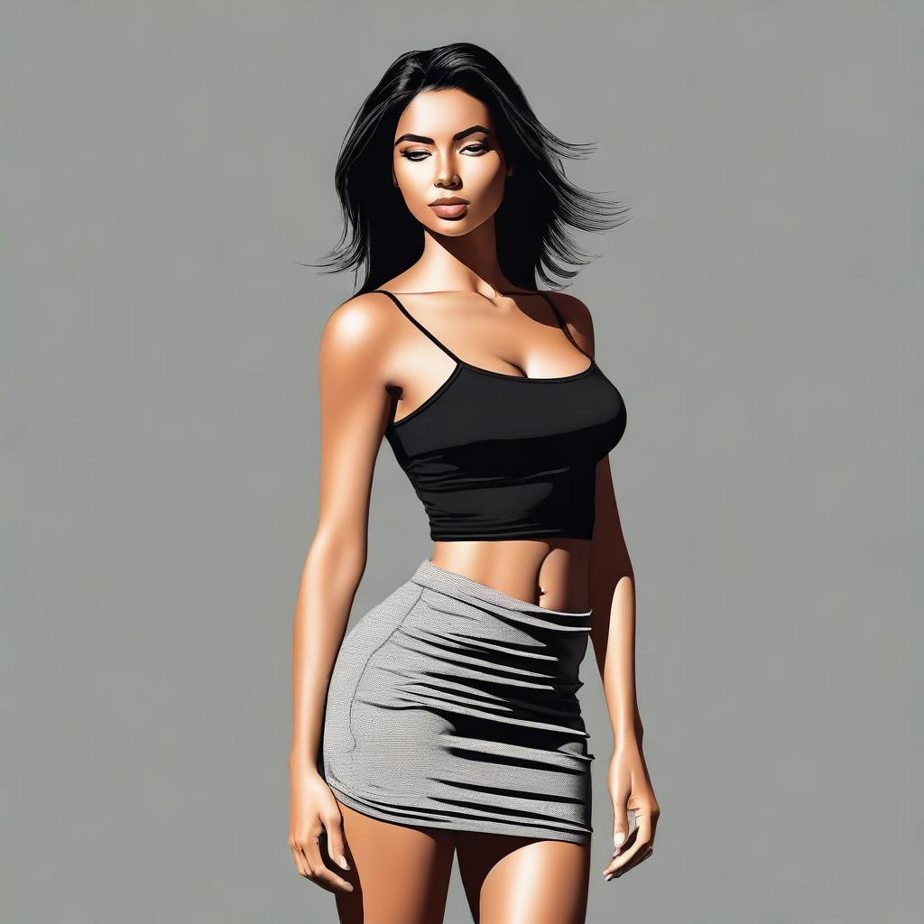 A high-quality digital art piece showcasing an attractive woman in a tight black skirt and shirt, without a bra