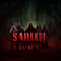 Four long-haired men standing sternly with imposing faces, set against a haunted forest in a fantasy world, featuring the word 'SAKOR' in blood-themed letters with the face of a predator.