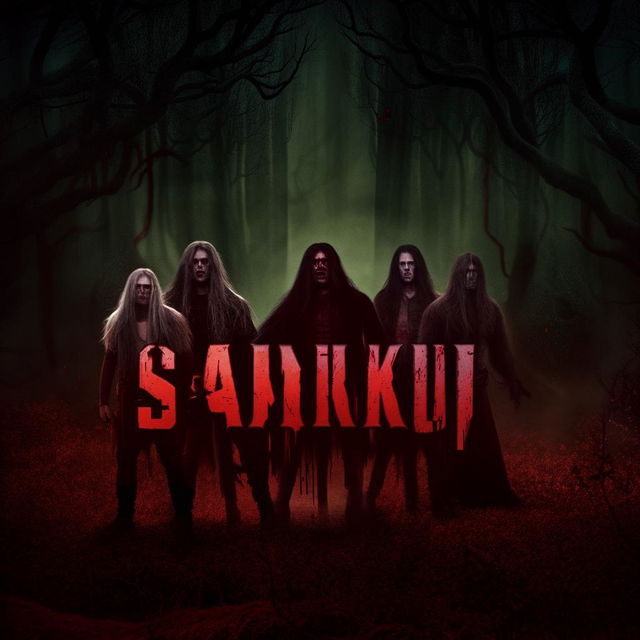 Four long-haired men standing sternly with imposing faces, set against a haunted forest in a fantasy world, featuring the word 'SAKOR' in blood-themed letters with the face of a predator.