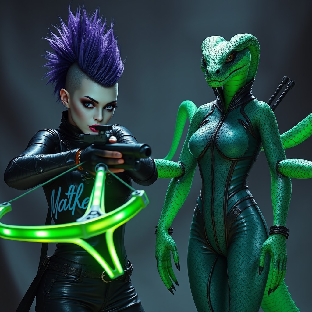 A dramatic fantasy scene featuring a stunningly beautiful woman with very pale skin, big blue wide set eyes, and a striking purple mohawk hairstyle