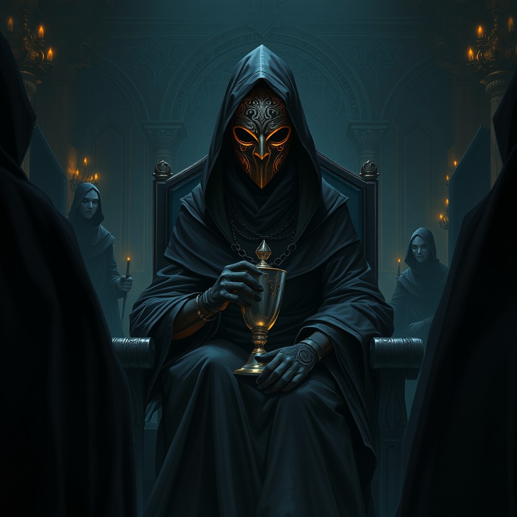 A mysterious woman seated alone in a luxurious dark fantasy pleasure hall, wearing a long black hooded cloak and a carved Adityan mask etched with glowing runes
