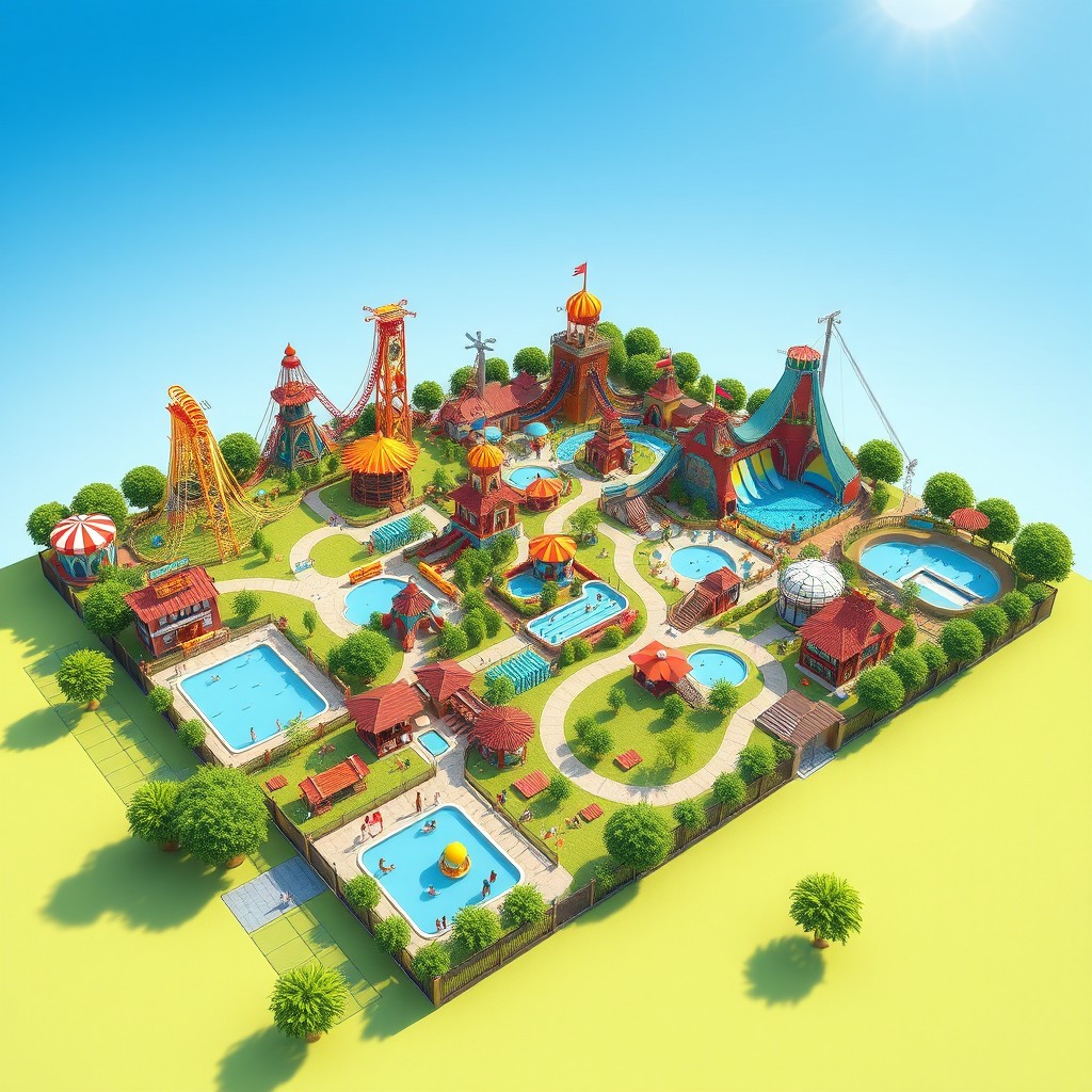 A detailed 3D sketch of an adventure park layout, showcasing various attractions such as thrilling roller coasters, zip lines, climbing walls, and a water park area with slides and pools