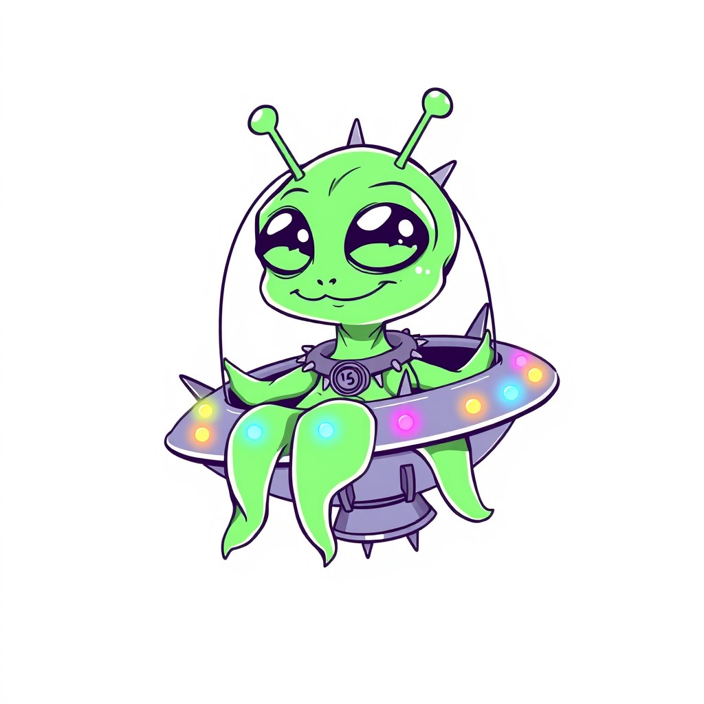 Line art illustration of a cartoon green alien character, designed to be gelatinous with five flowing tentacles