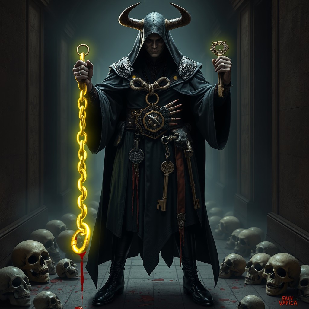 A hyper-realistic image of Rukaku the jailer, a shadowy character from the Vatican