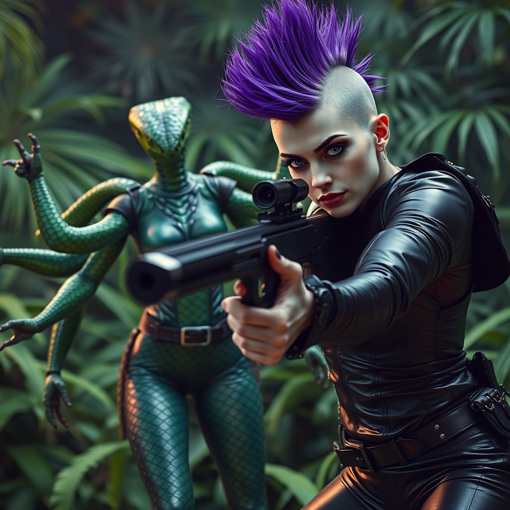A dramatic scene featuring a stunningly beautiful woman with very pale skin and big blue wide-set eyes, adorned with a striking purple mohawk hairstyle and dark makeup