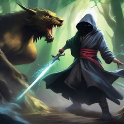 A mysterious man, face shrouded by a black mask and garbed in a lion-themed hooded robe, battles a water dragon in a sacred forest valley, his lightning-imbued sword dynamically slashing through the air.