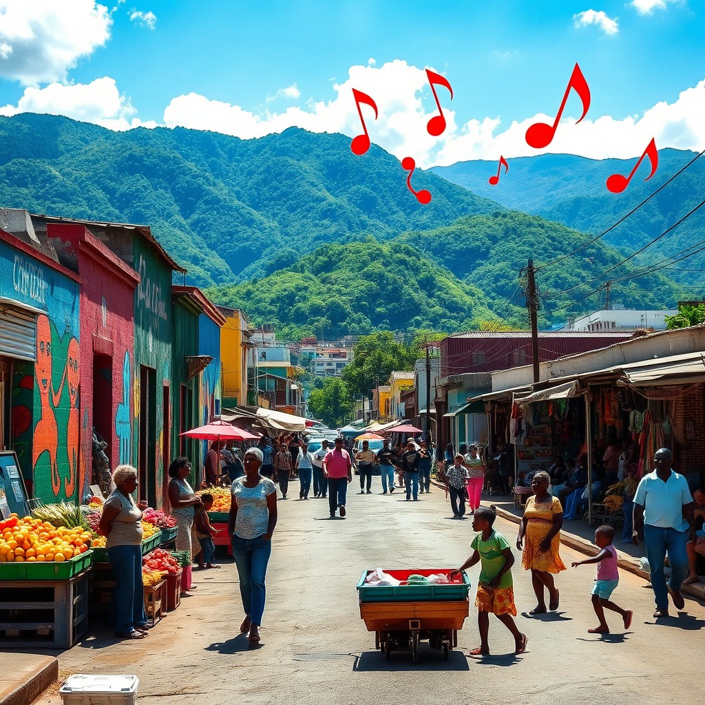 A vibrant street scene in Port-au-Prince, Haiti, showcasing colorful murals on buildings, lively market stalls with fresh produce and handmade crafts, people engaging in conversation, children playing, and traditional Haitian music notes visualized in the air, bright sunlight casting dynamic shadows, a backdrop of the lush green mountains surrounding the city