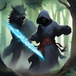 A mysterious man, face shrouded by a black mask and garbed in a lion-themed hooded robe, battles a water dragon in a sacred forest valley, his lightning-imbued sword dynamically slashing through the air.