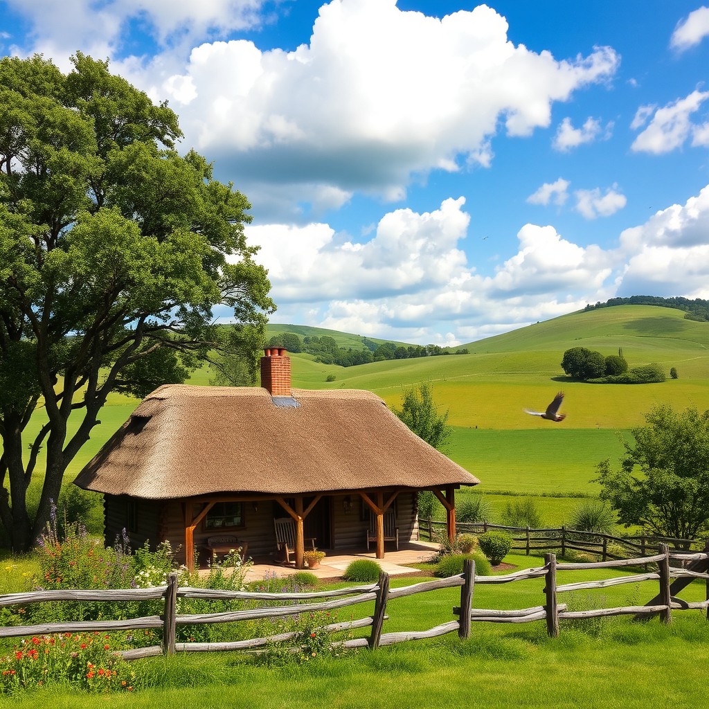 A charming rustic house nestled in a serene countryside setting, surrounded by lush green fields, colorful wildflowers, and tall trees