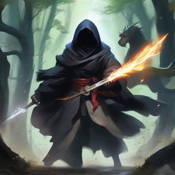 A mysterious man, face shrouded by a black mask and garbed in a lion-themed hooded robe, battles a water dragon in a sacred forest valley, his lightning-imbued sword dynamically slashing through the air.