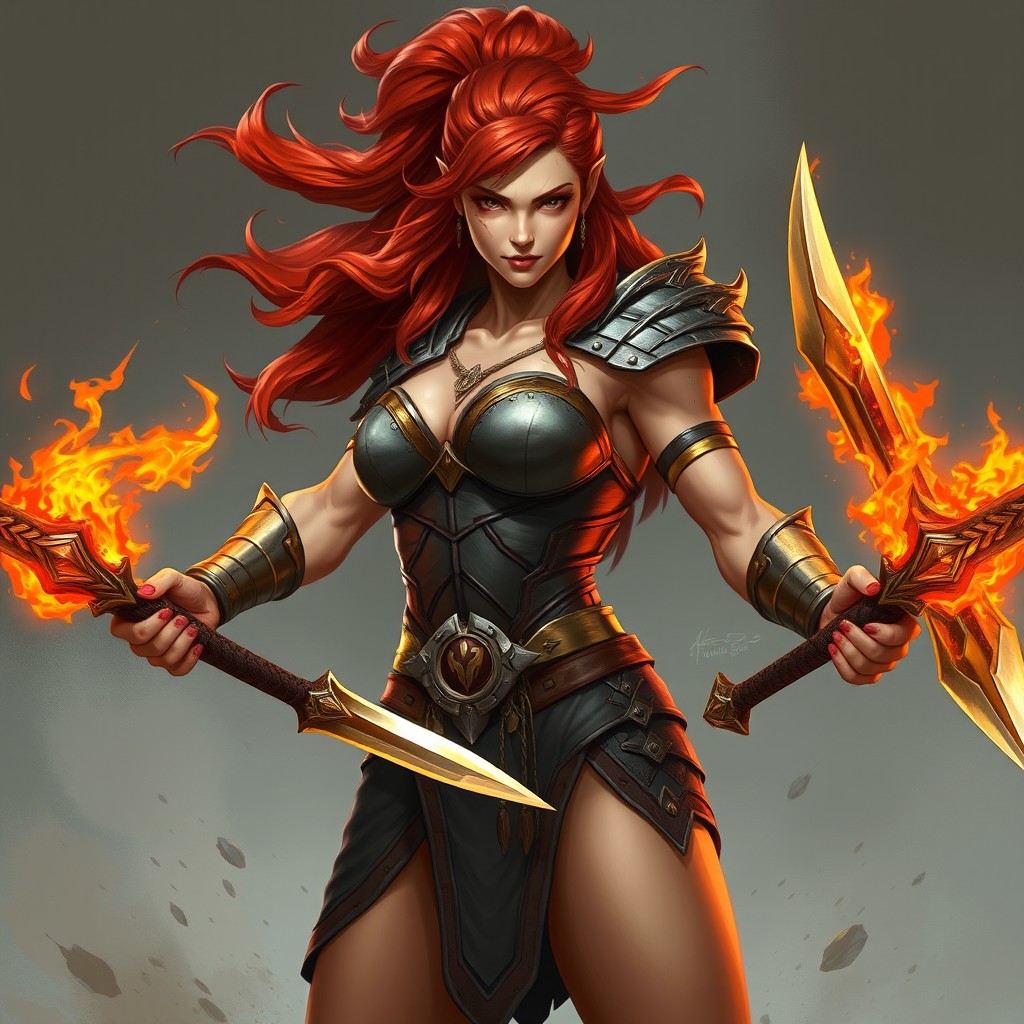 A tall and muscular gladiator named Aelira, known as the "Flame of the Arena", with fiery red hair and battle scars on her face