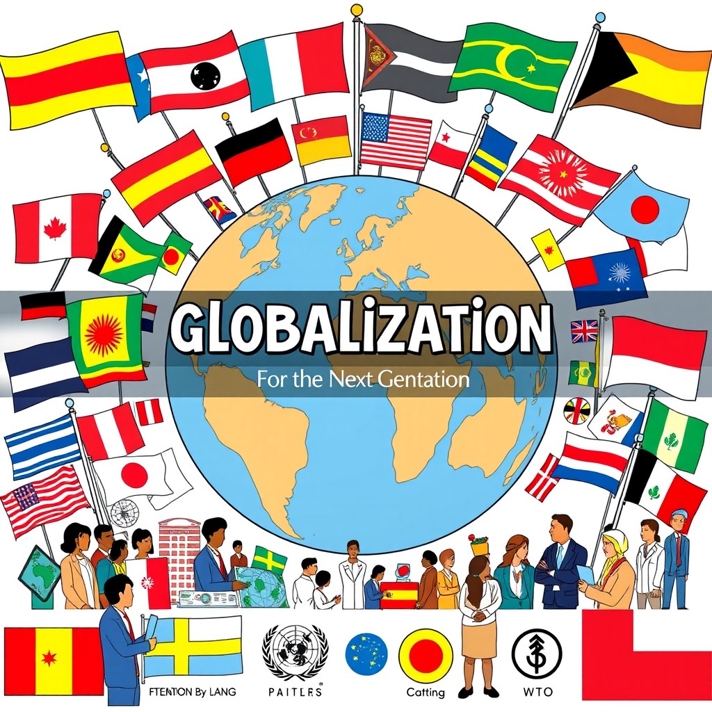 A vibrant and visually engaging poster representing globalization for the next generation