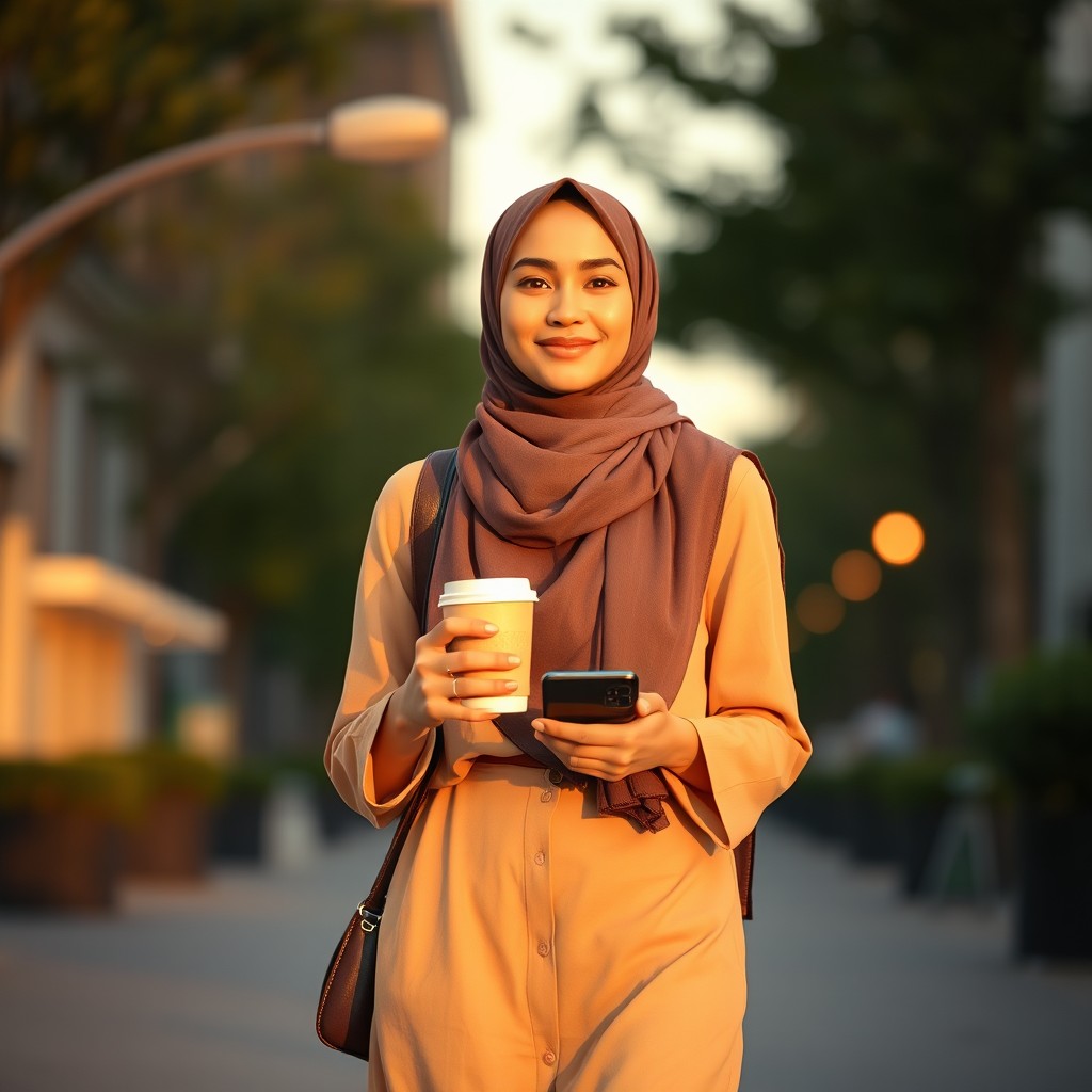 A high-quality generative AI image of a confident young Muslim woman dressed in modern modest fashion, wearing a stylish hijab