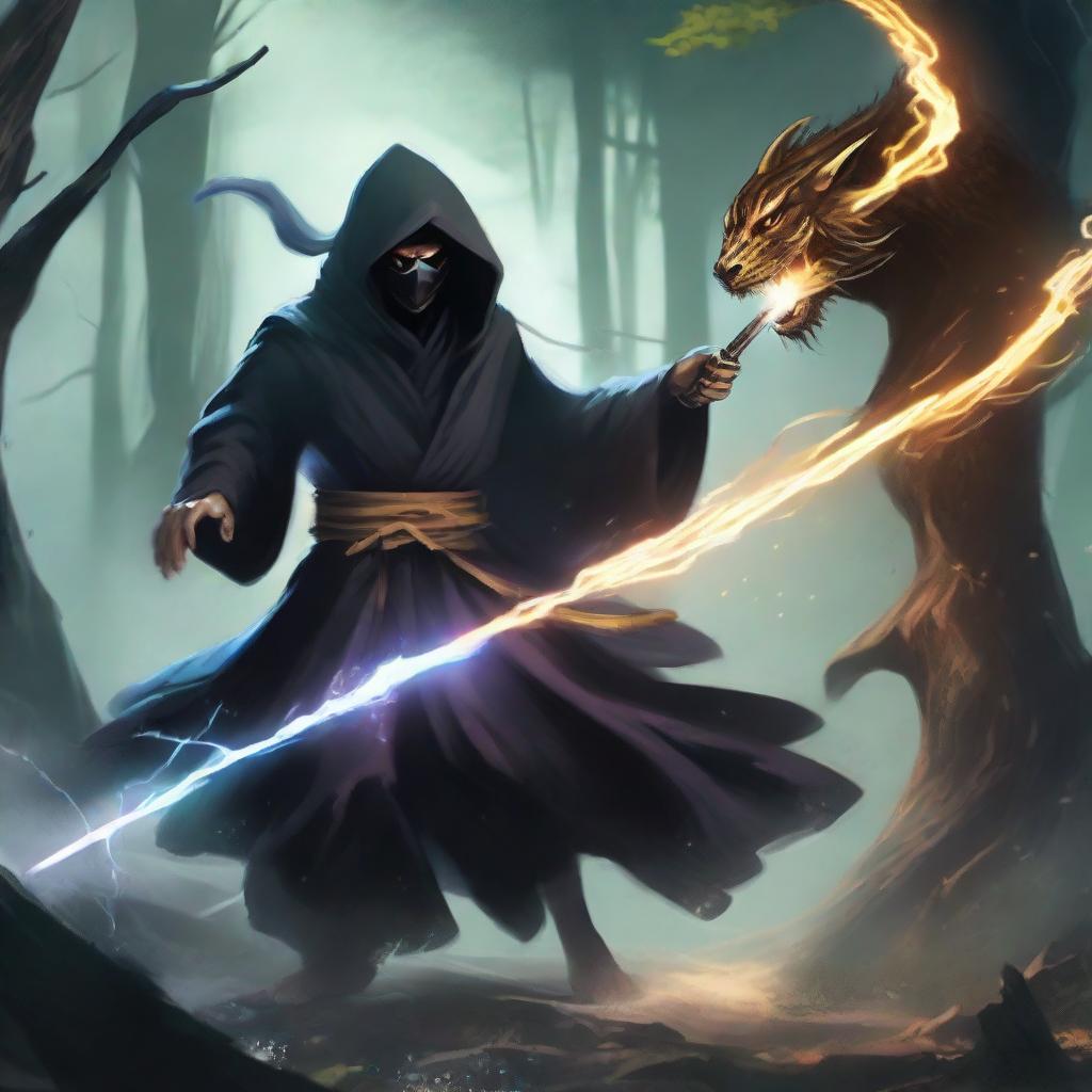 A mysterious man, face shrouded by a black mask and garbed in a lion-themed hooded robe, battles a water dragon in a sacred forest valley, his lightning-imbued sword dynamically slashing through the air.