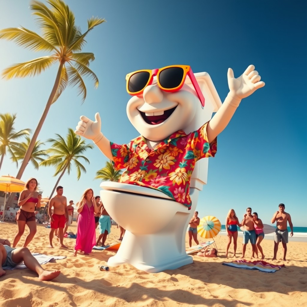 A bizarre and humorous scene featuring a giant anthropomorphic toilet with a playful face, wearing colorful sunglasses and a vibrant floral Hawaiian shirt, dancing joyfully on a sunny beach