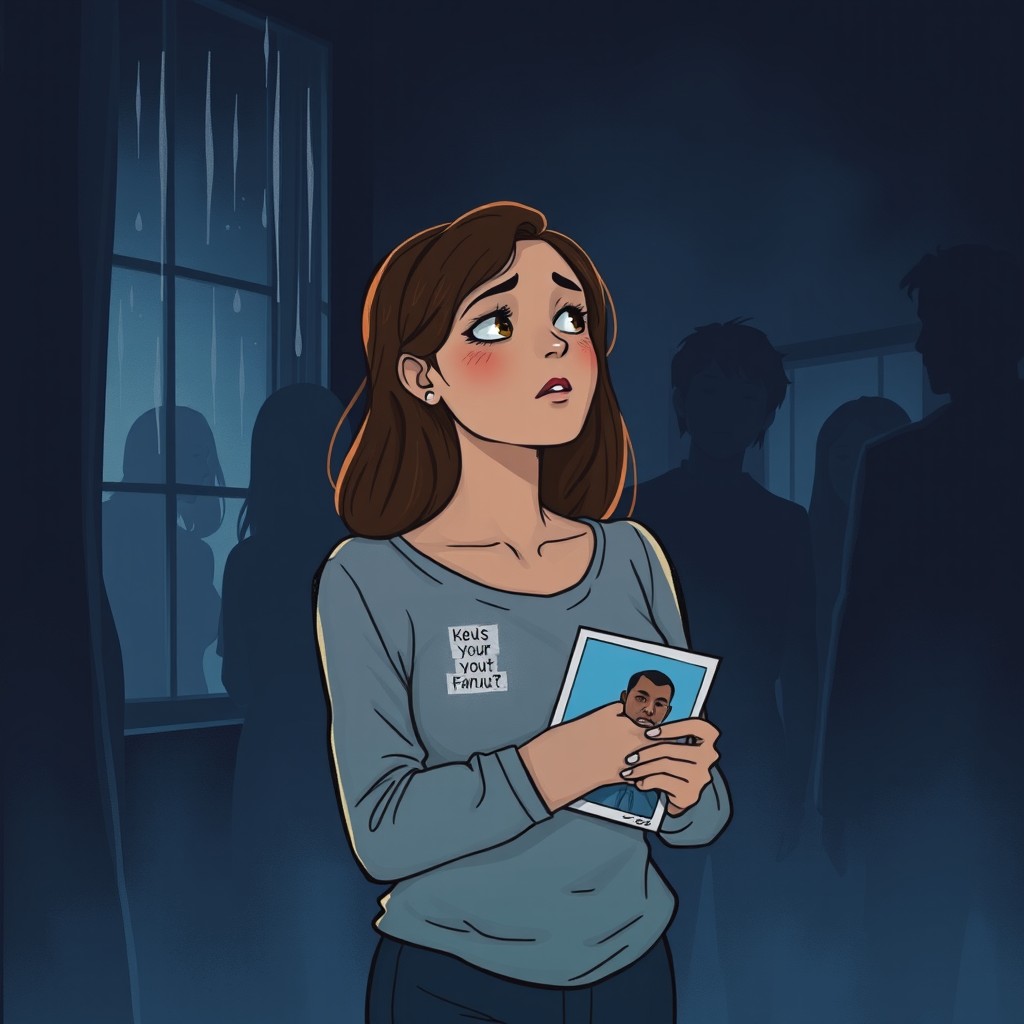 A dramatic illustration depicting a woman standing alone in a dimly lit room, her expression a mix of determination and vulnerability