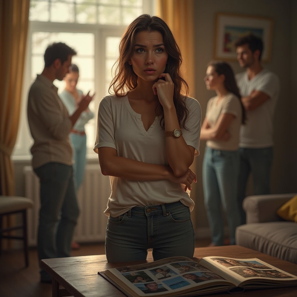 A realistic and evocative scene depicting a woman in a thoughtful pose, standing in a cozy living room filled with soft, warm light