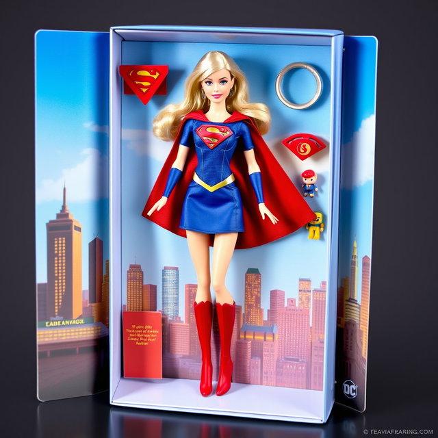 A stunning illustration of a Barbie doll designed as Supergirl from DC Comics, beautifully showcased inside her collectible box