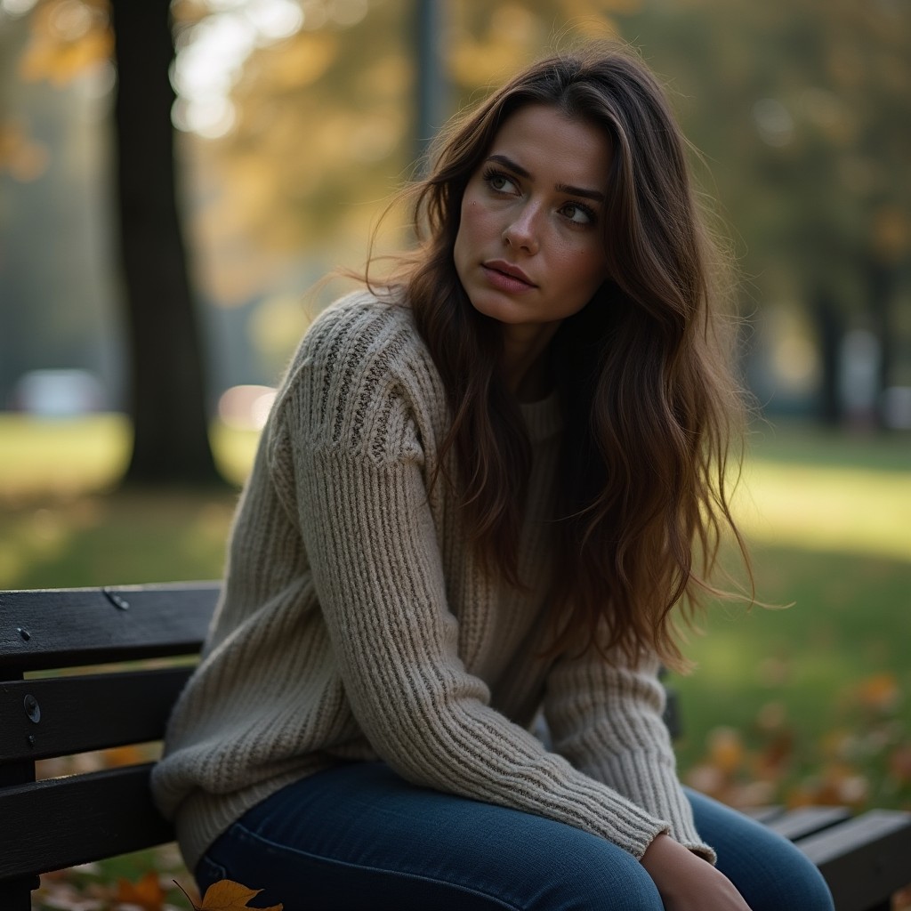 A poignant and emotional scene featuring a woman sitting alone on a park bench, her face turned slightly away to capture the tears flowing down her cheeks