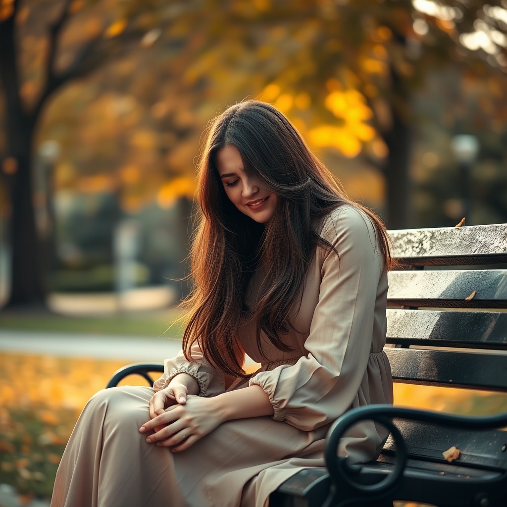A poignant and moving scene depicting a woman sitting alone on a park bench, her face glistening with tears as she openly cries
