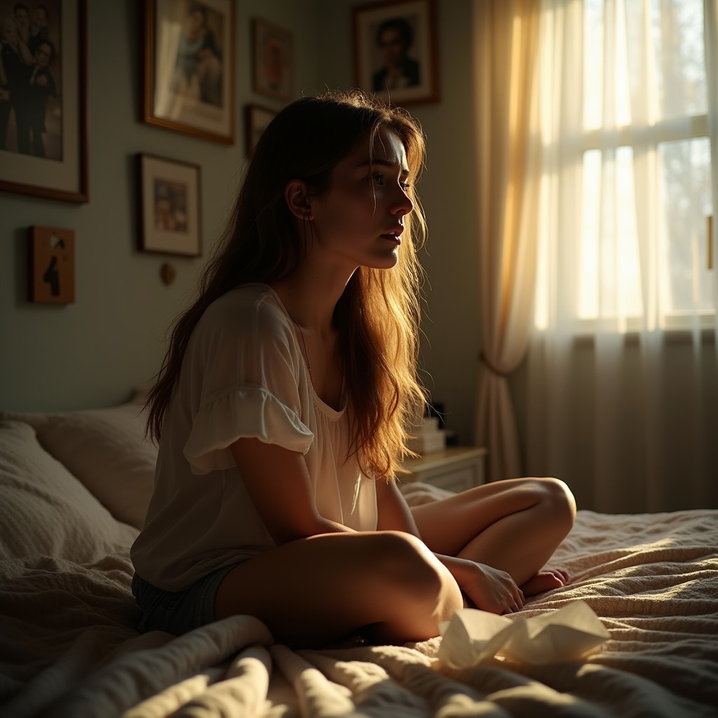 A poignant scene of a woman sitting on her bed in a softly lit bedroom, engulfed in sadness
