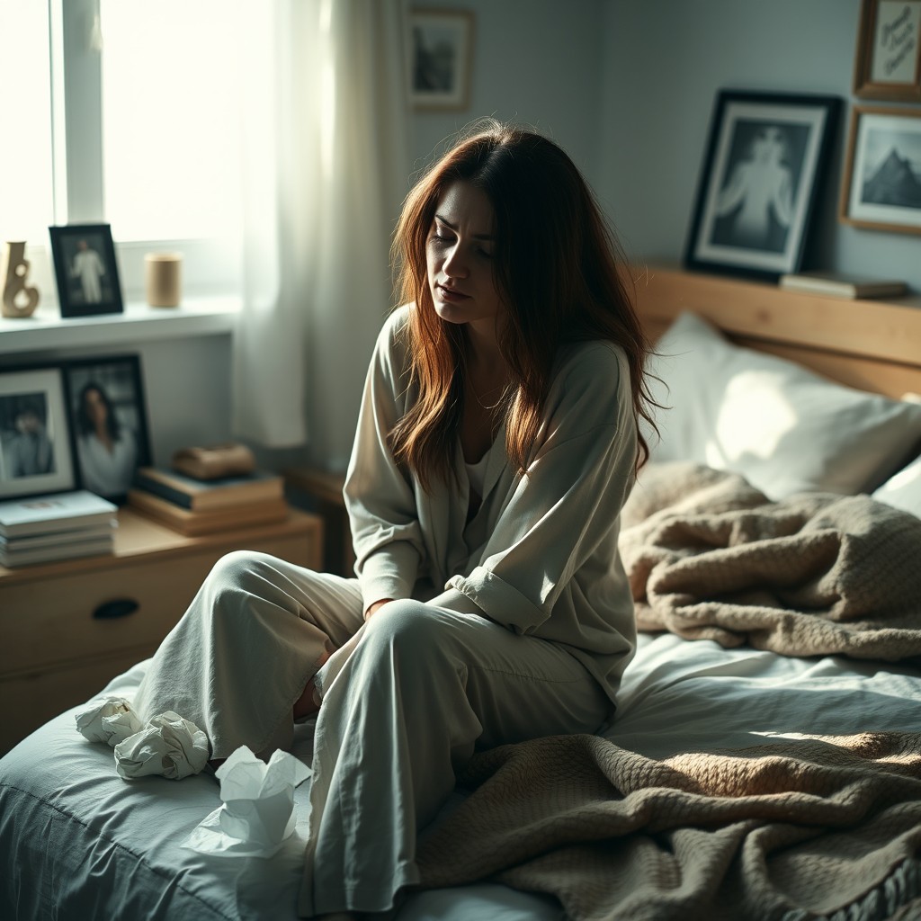 An intimate scene of a woman sitting on the edge of her bed in a softly lit bedroom, tears streaming down her cheeks, depicting her deep sadness