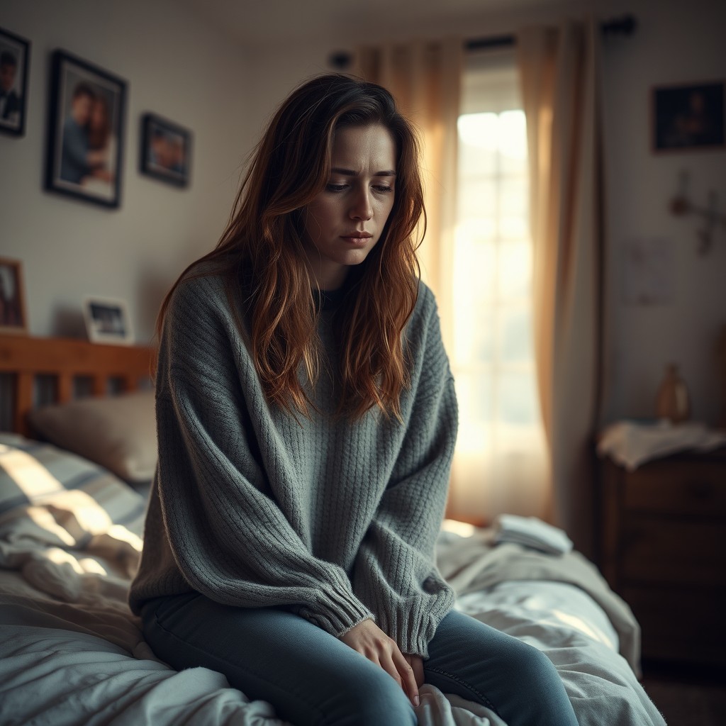 A deeply emotional scene of a woman sitting on the edge of her bed in a softly lit bedroom, tears streaming down her face as she cries