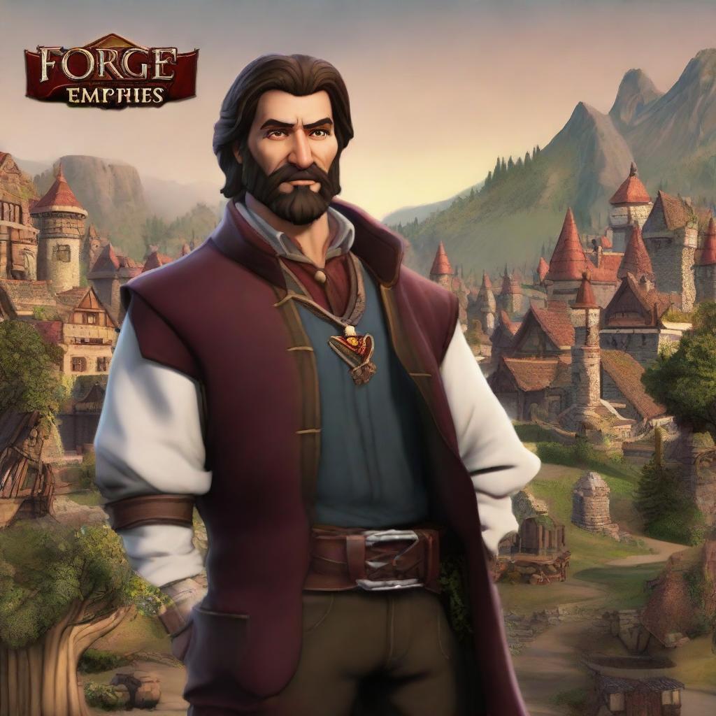 Create an avatar in the unique style of the game 'Forge of Empires', including medieval-inspired clothing, intricate detailing and immersive backgrounds.